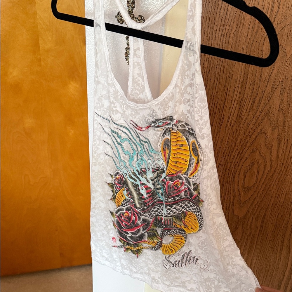 Women's White Tank Top with Snake and Rose Design